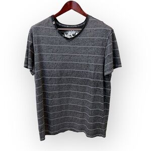Helix single stitch Striped grey tshirt,short slv, released hem,button detail